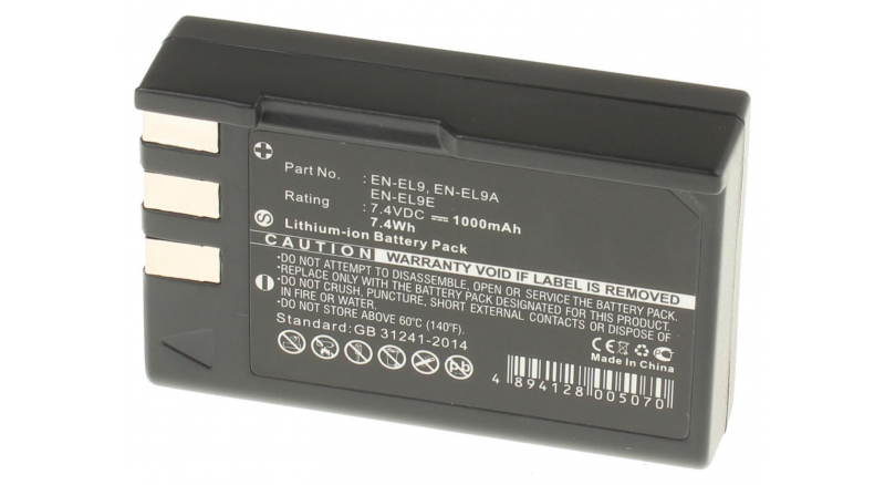 Аккумуляторная батарея EN-EL9e для фотоаппаратов и видеокамер Nikon. Артикул iB-F192.Емкость (mAh): 1000. Напряжение (V): 7,4